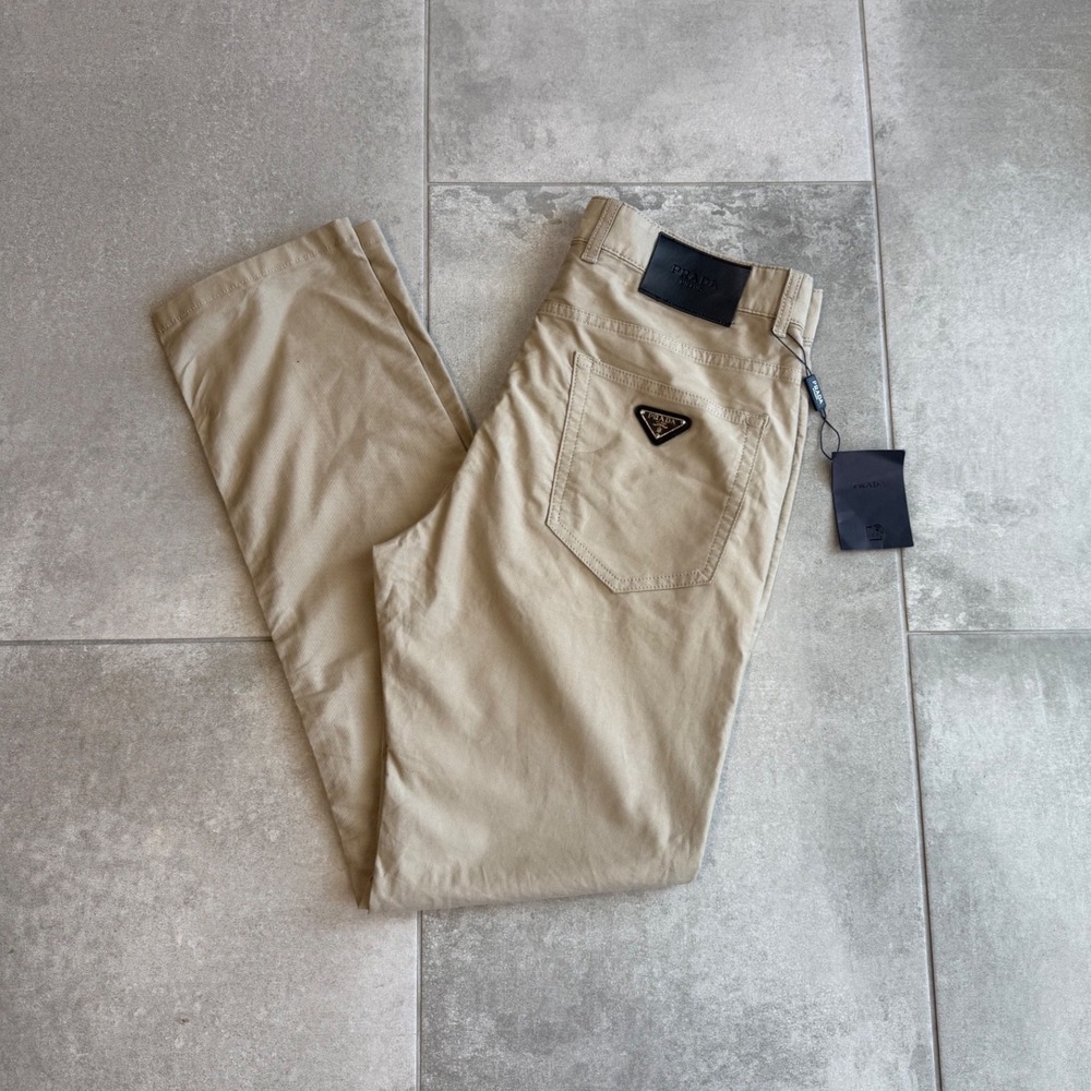 Prada Milano Men Khaki Tan Cotton Blend Straight Leg Trousers Pants Size 33 NEW